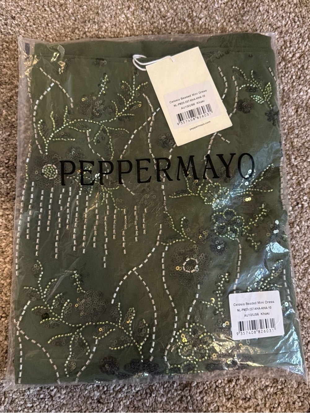 NWT Peppermayo Olive Green Beaded Cowl Mini Dress Cutout Size 6 - Picture 5 of 6